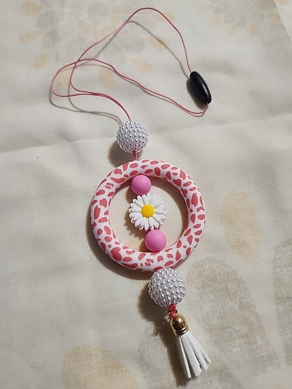 Beaded Car Charm For Rear View Daisy Pink & White Leopard Print Handmade